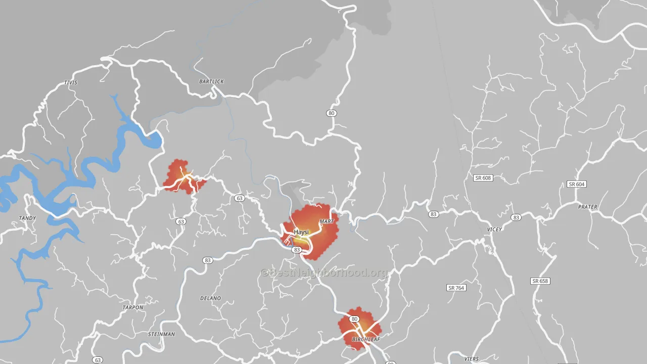 Walk Grade map of 24256, VA, walkable areas in green and car-dependent areas in red