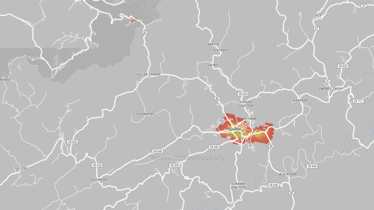 Walk Grade map of 24260, VA, walkable areas in green and car-dependent areas in red