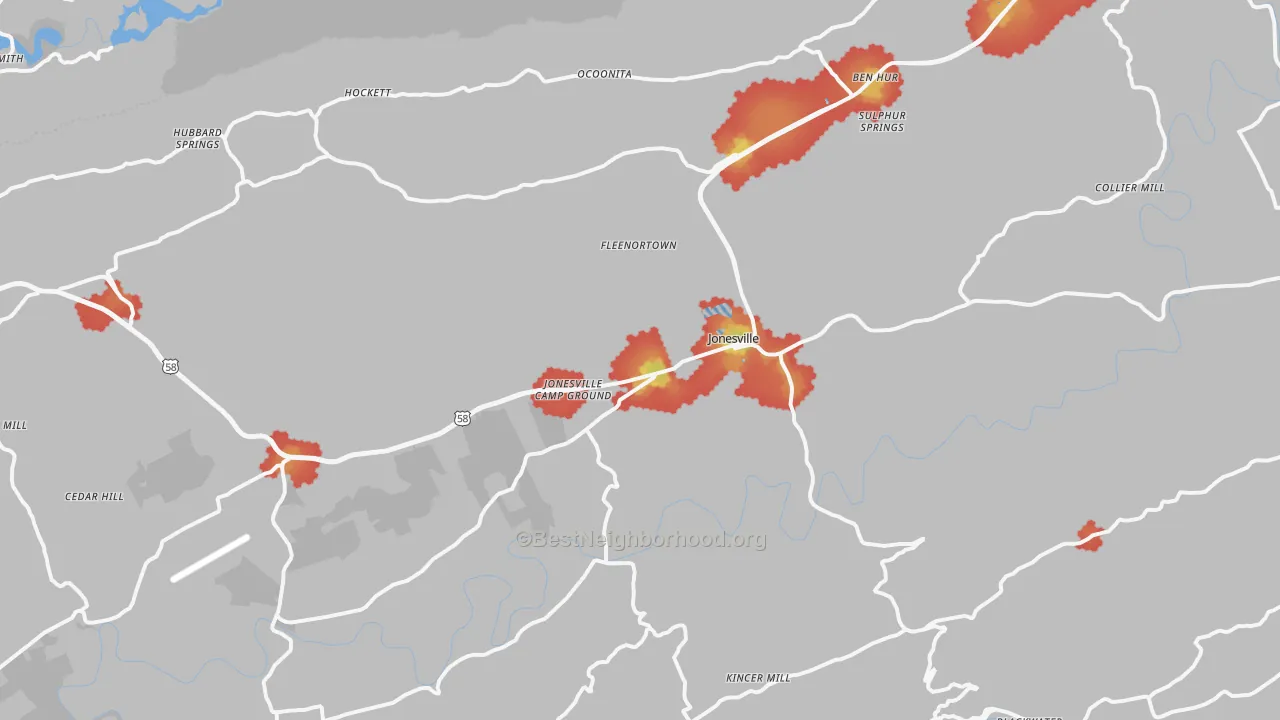 Walk Grade map of 24263, VA, walkable areas in green and car-dependent areas in red