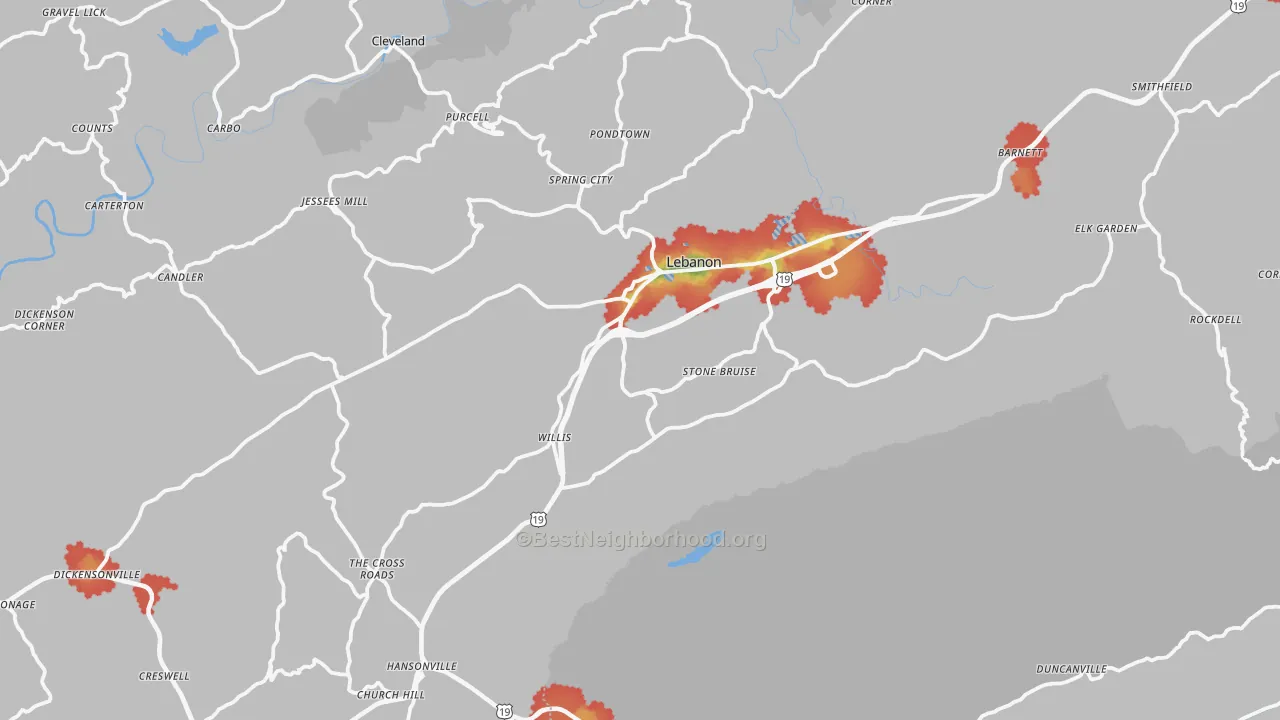 Walk Grade map of 24266, VA, walkable areas in green and car-dependent areas in red