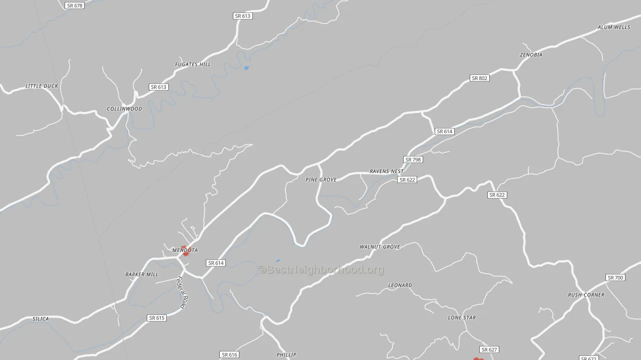 Walk Grade map of 24270, VA, walkable areas in green and car-dependent areas in red