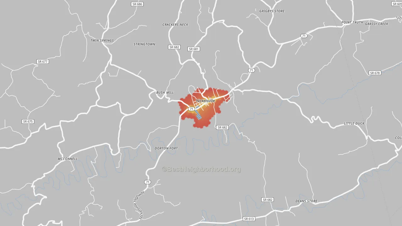 Walk Grade map of 24271, VA, walkable areas in green and car-dependent areas in red