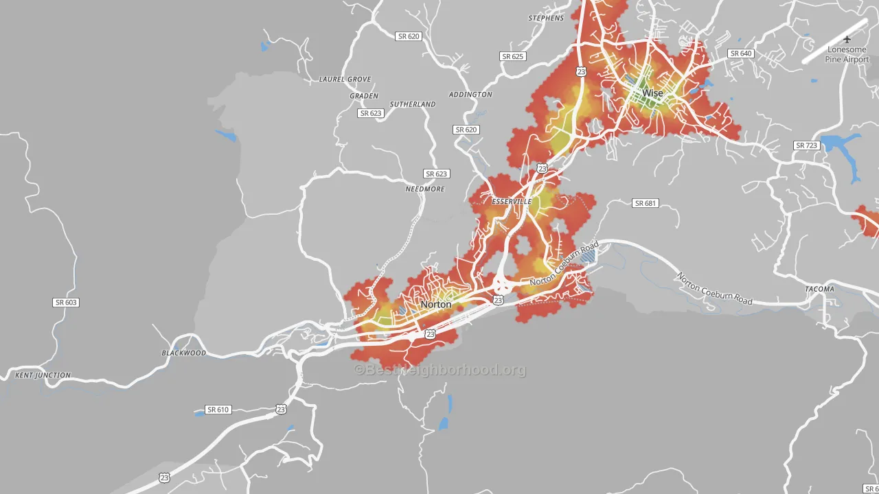 Walk Grade map of 24273, VA, walkable areas in green and car-dependent areas in red