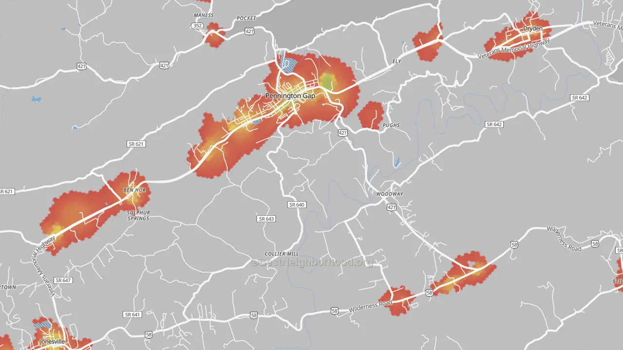 Walk Grade map of 24277, VA, walkable areas in green and car-dependent areas in red