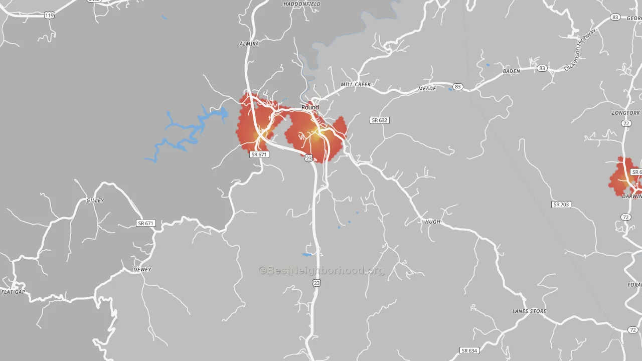 Walk Grade map of 24279, VA, walkable areas in green and car-dependent areas in red