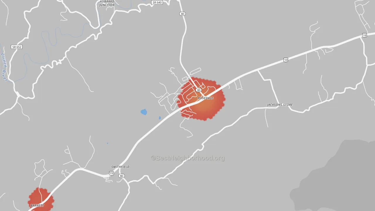 Walk Grade map of 24280, VA, walkable areas in green and car-dependent areas in red