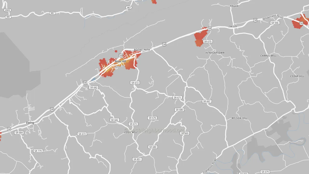 Walk Grade map of 24281, VA, walkable areas in green and car-dependent areas in red