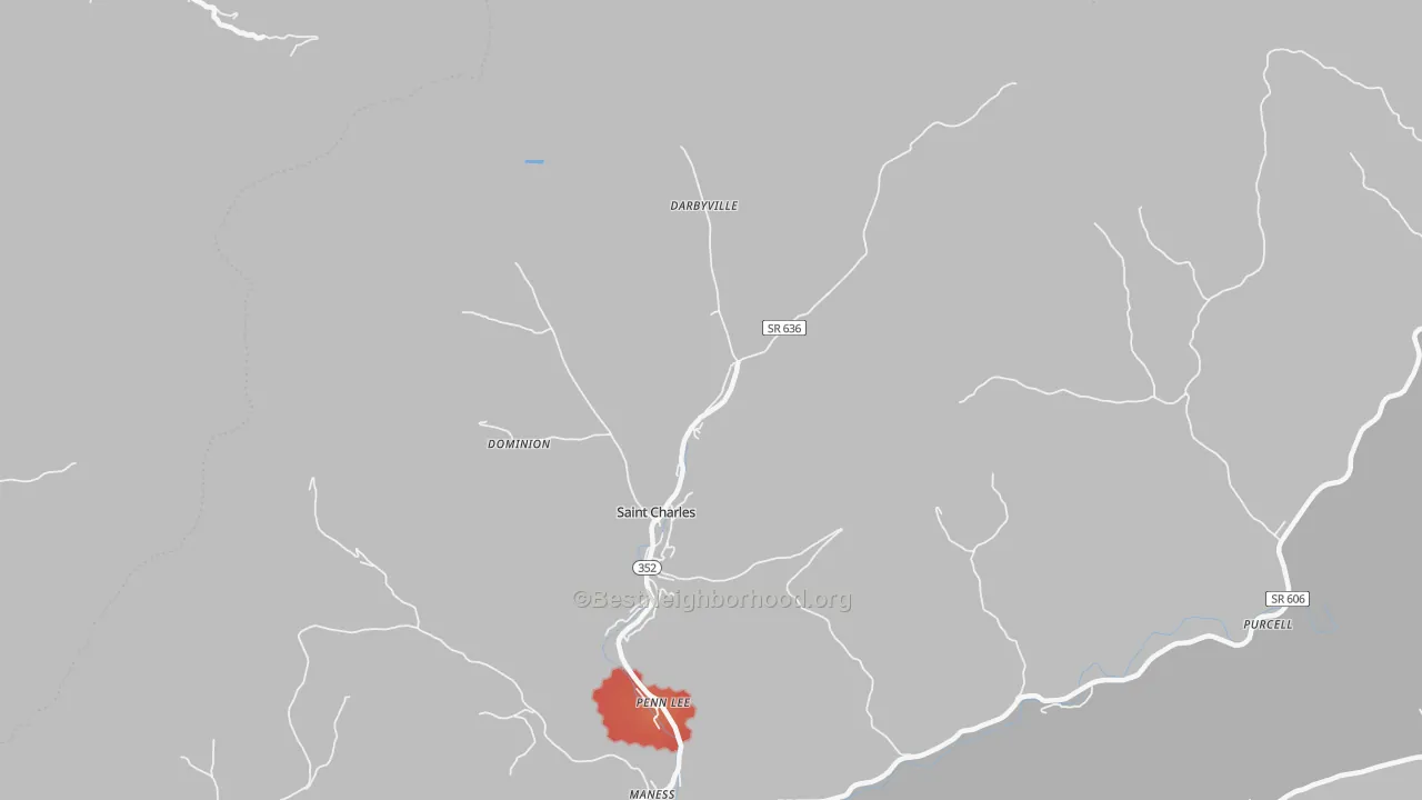 Walk Grade map of 24282, VA, walkable areas in green and car-dependent areas in red