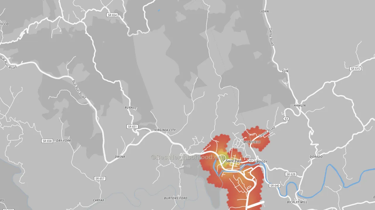 Walk Grade map of 24283, VA, walkable areas in green and car-dependent areas in red