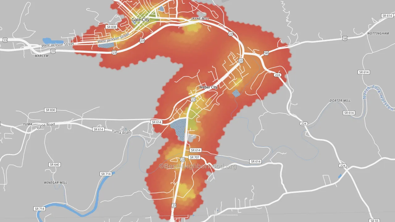 Walk Grade map of 24290, VA, walkable areas in green and car-dependent areas in red