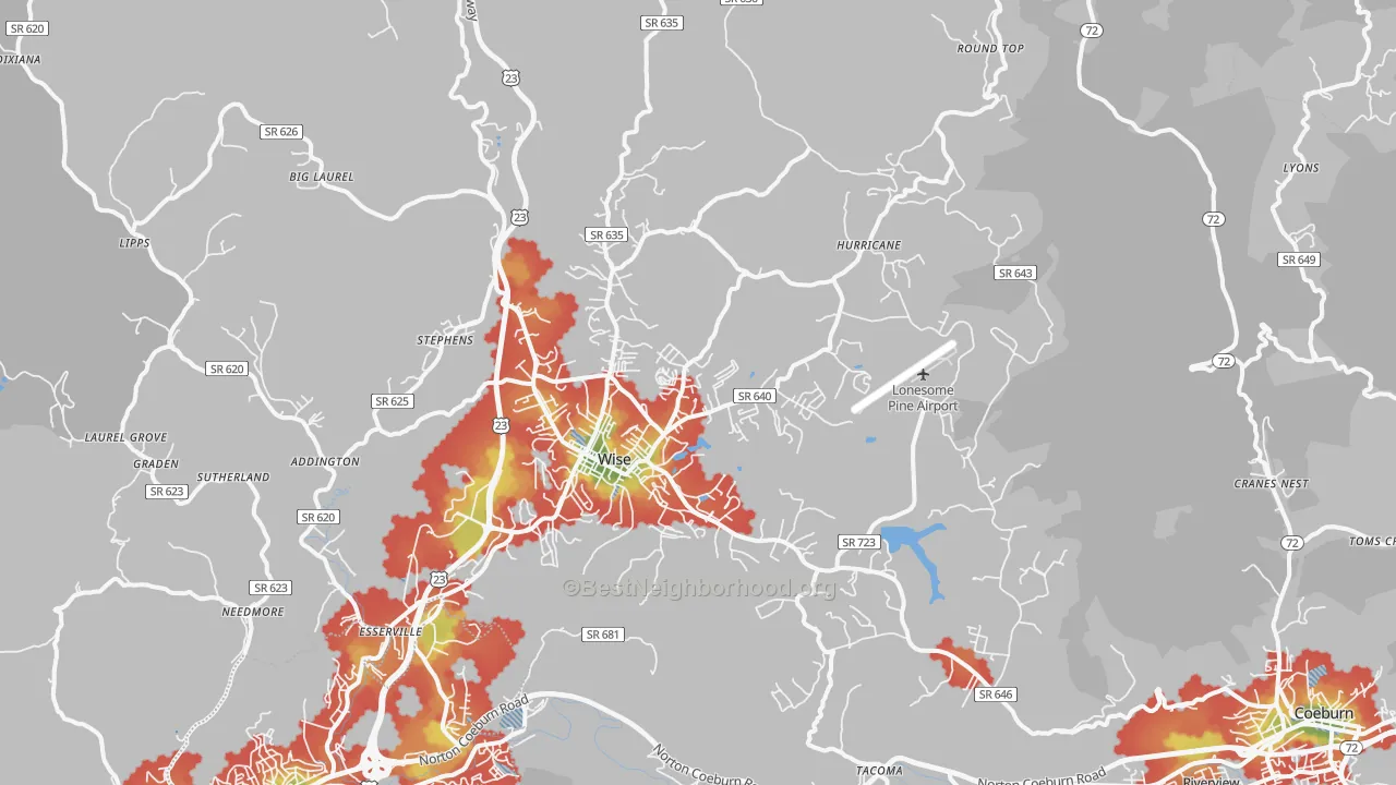 Walk Grade map of 24293, VA, walkable areas in green and car-dependent areas in red