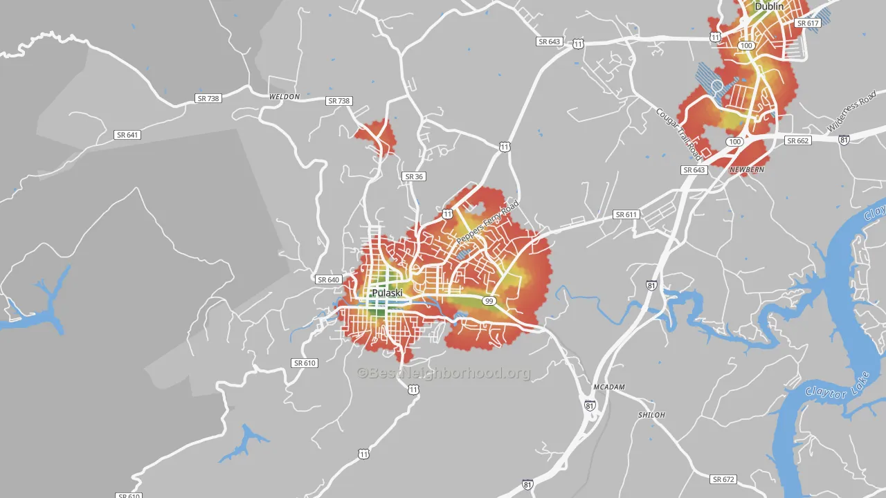 Walk Grade map of 24301, VA, walkable areas in green and car-dependent areas in red