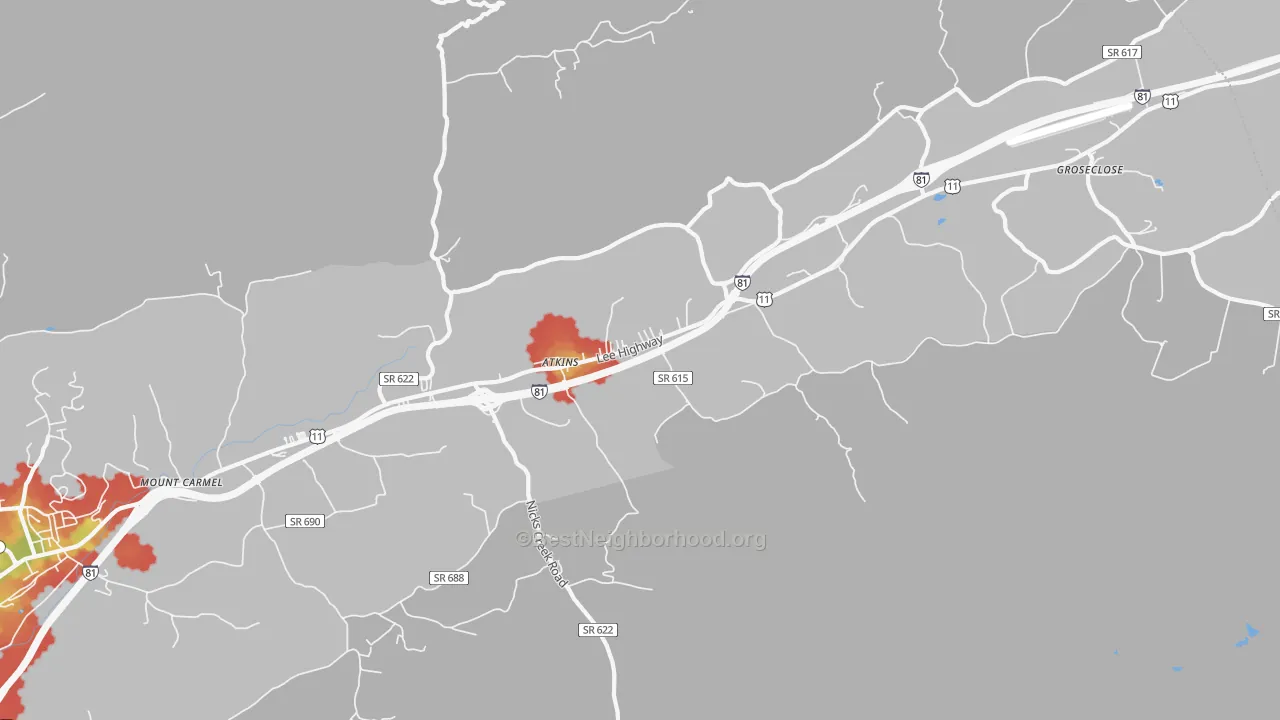 Walk Grade map of 24311, VA, walkable areas in green and car-dependent areas in red