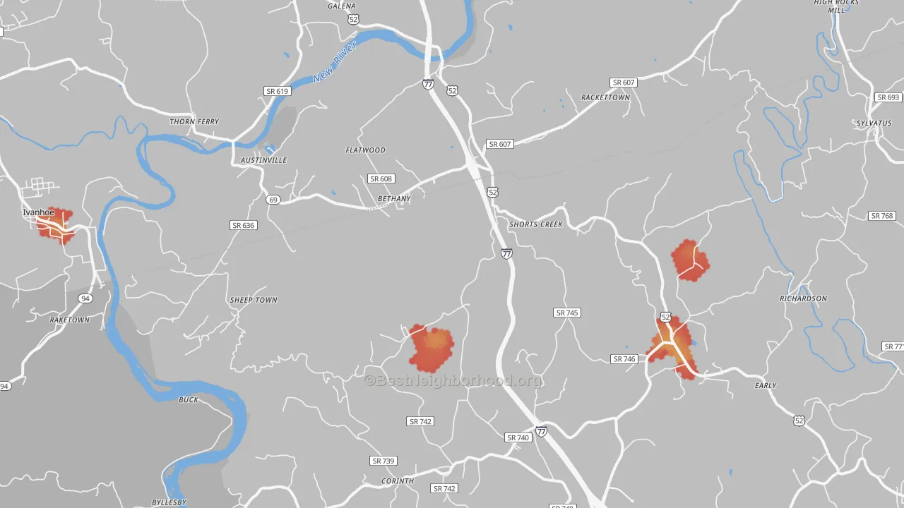 Walk Grade map of 24312, VA, walkable areas in green and car-dependent areas in red