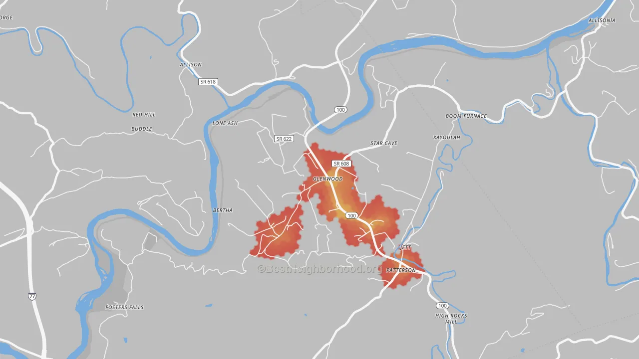 Walk Grade map of 24313, VA, walkable areas in green and car-dependent areas in red
