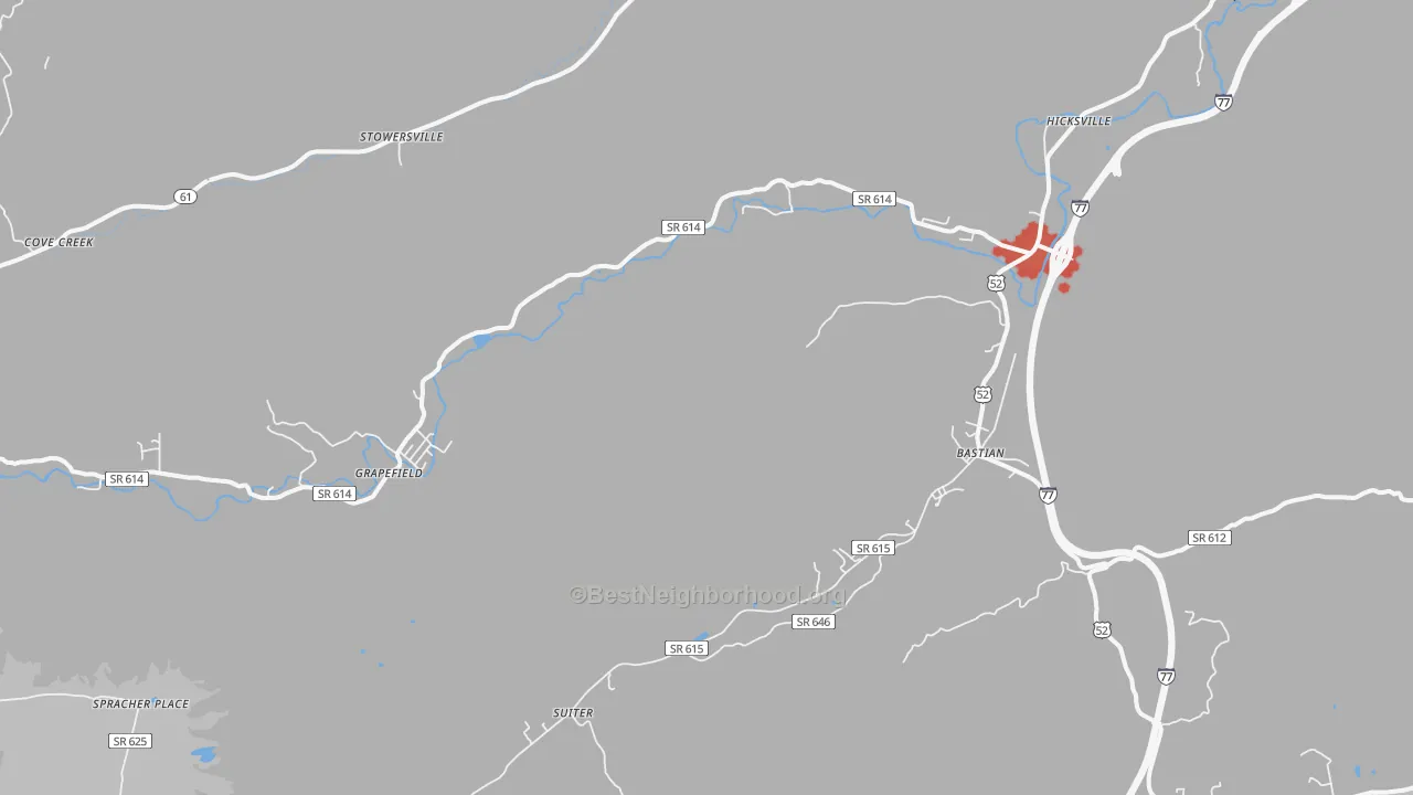 Walk Grade map of 24314, VA, walkable areas in green and car-dependent areas in red