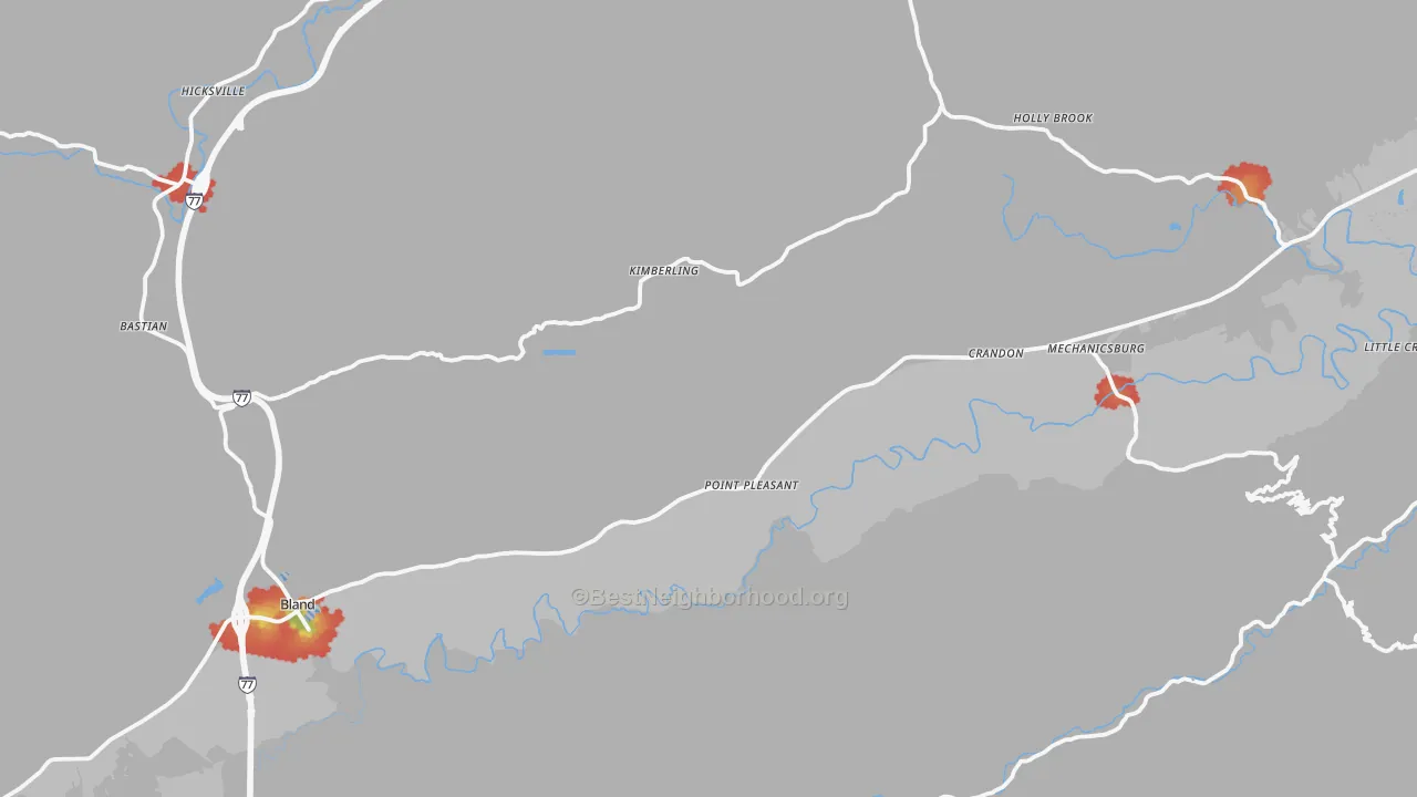 Walk Grade map of 24315, VA, walkable areas in green and car-dependent areas in red