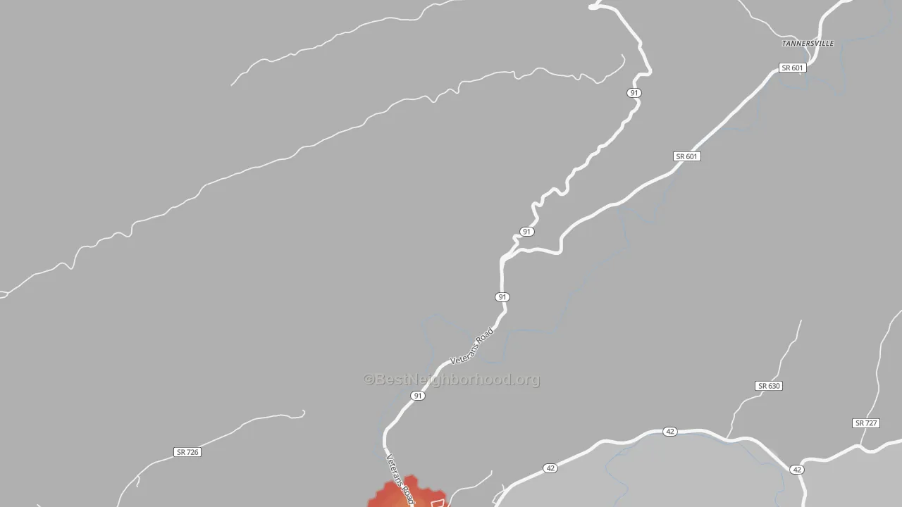 Walk Grade map of 24316, VA, walkable areas in green and car-dependent areas in red