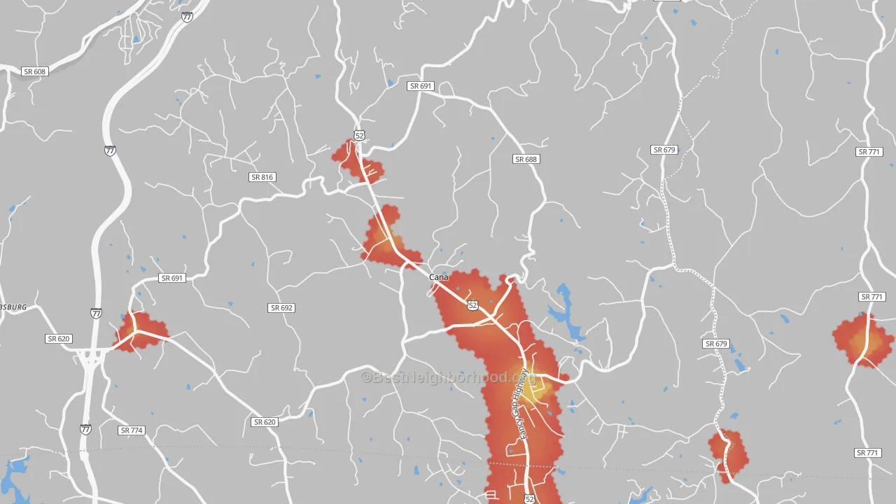 Walk Grade map of 24317, VA, walkable areas in green and car-dependent areas in red