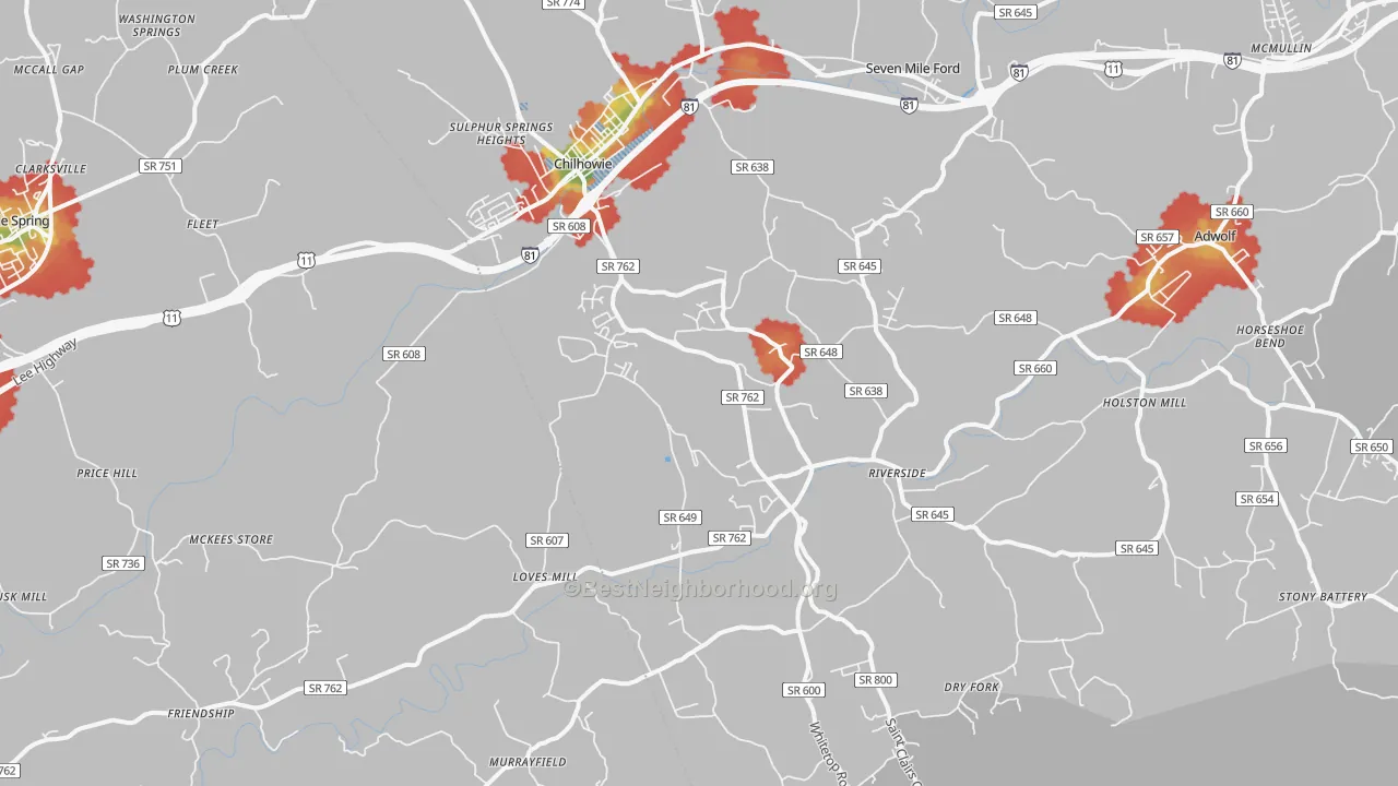 Walk Grade map of 24319, VA, walkable areas in green and car-dependent areas in red
