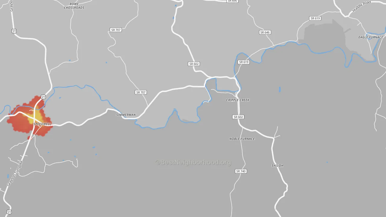 Walk Grade map of 24322, VA, walkable areas in green and car-dependent areas in red