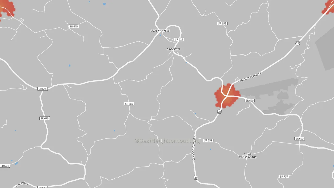 Walk Grade map of 24323, VA, walkable areas in green and car-dependent areas in red