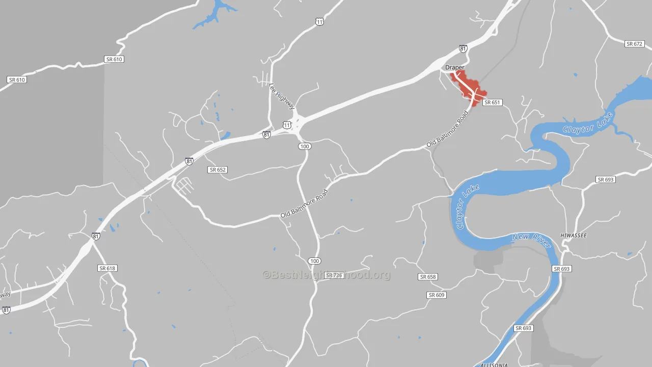 Walk Grade map of 24324, VA, walkable areas in green and car-dependent areas in red