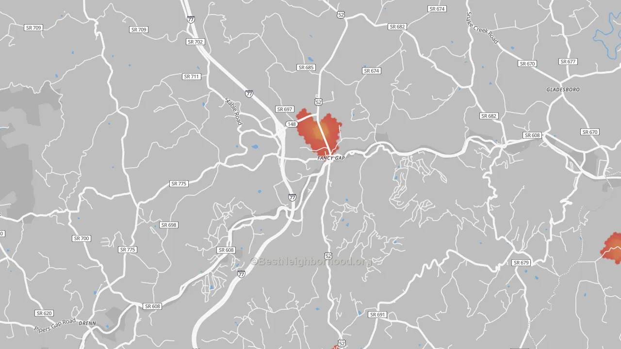 Walk Grade map of 24328, VA, walkable areas in green and car-dependent areas in red