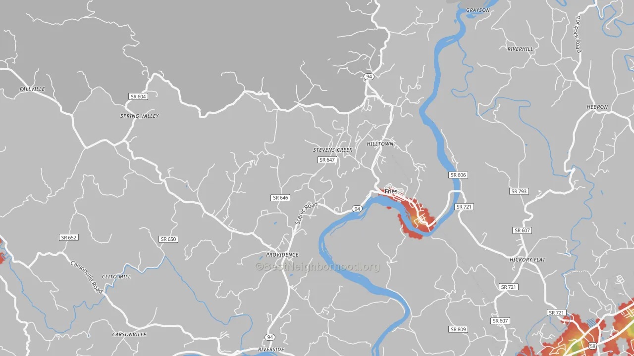 Walk Grade map of 24330, VA, walkable areas in green and car-dependent areas in red