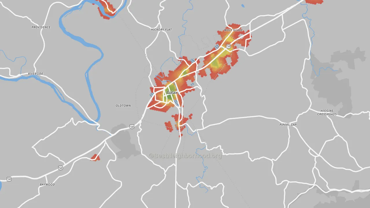 Walk Grade map of 24333, VA, walkable areas in green and car-dependent areas in red