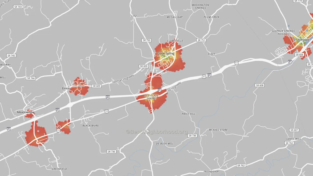Walk Grade map of 24340, VA, walkable areas in green and car-dependent areas in red