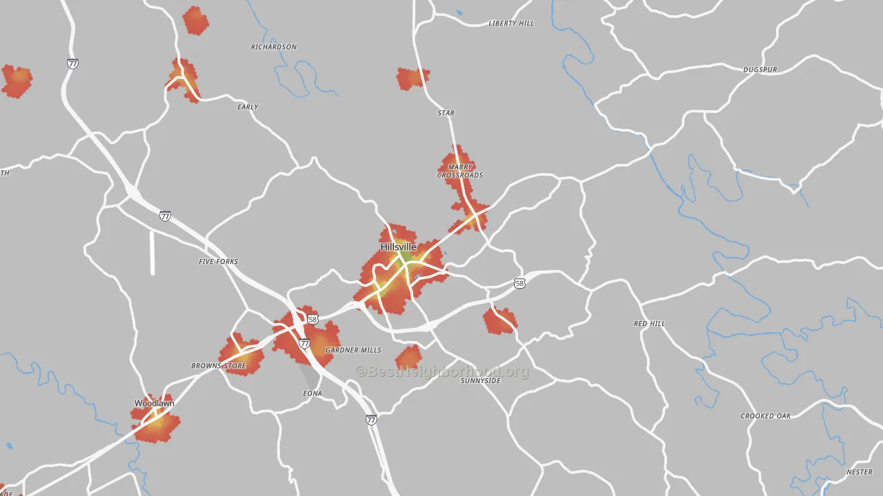 Walk Grade map of 24343, VA, walkable areas in green and car-dependent areas in red