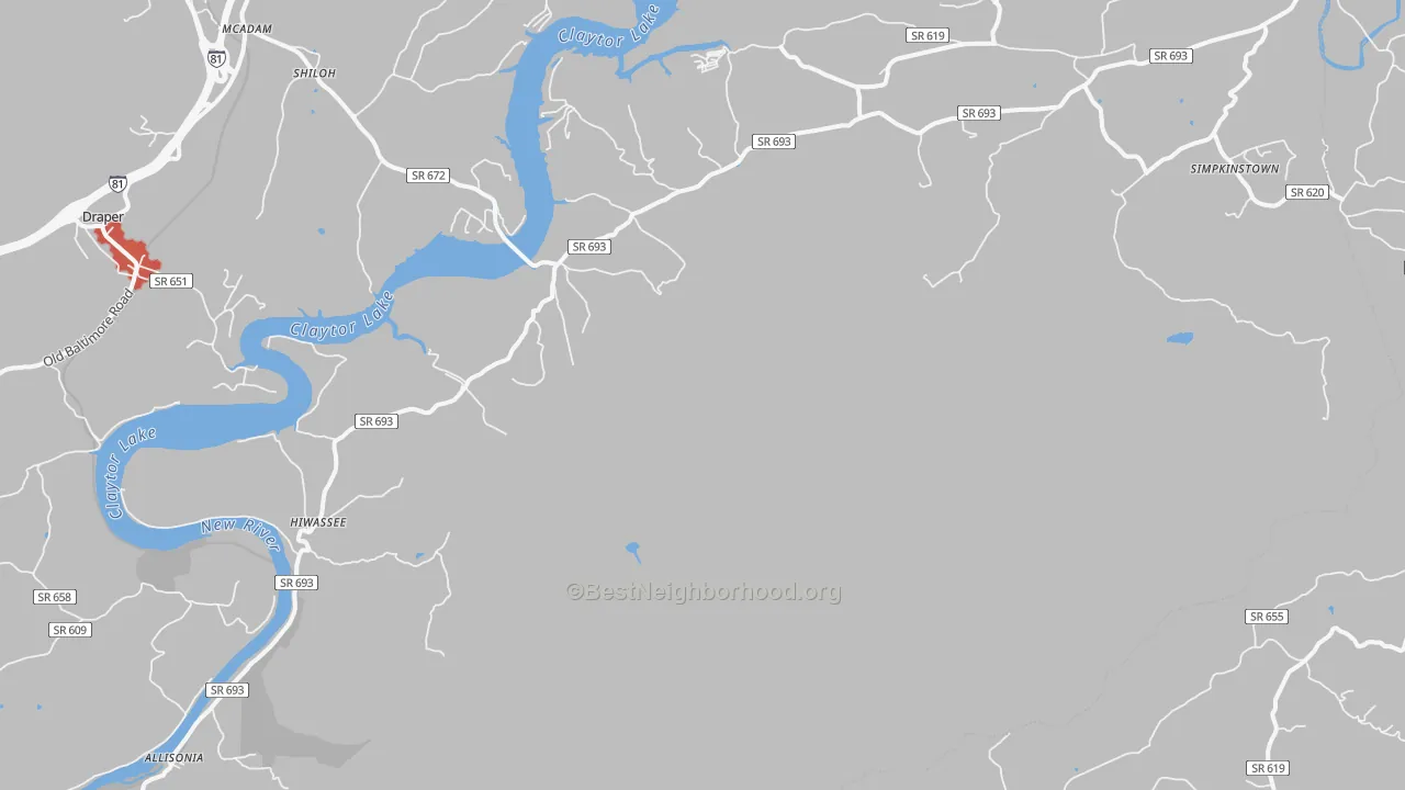 Walk Grade map of 24347, VA, walkable areas in green and car-dependent areas in red