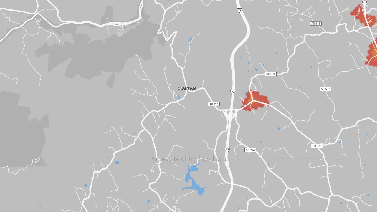 Walk Grade map of 24351, VA, walkable areas in green and car-dependent areas in red