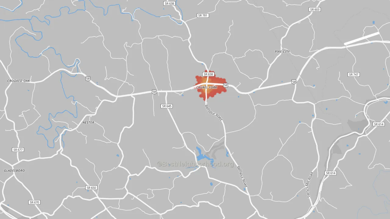 Walk Grade map of 24352, VA, walkable areas in green and car-dependent areas in red