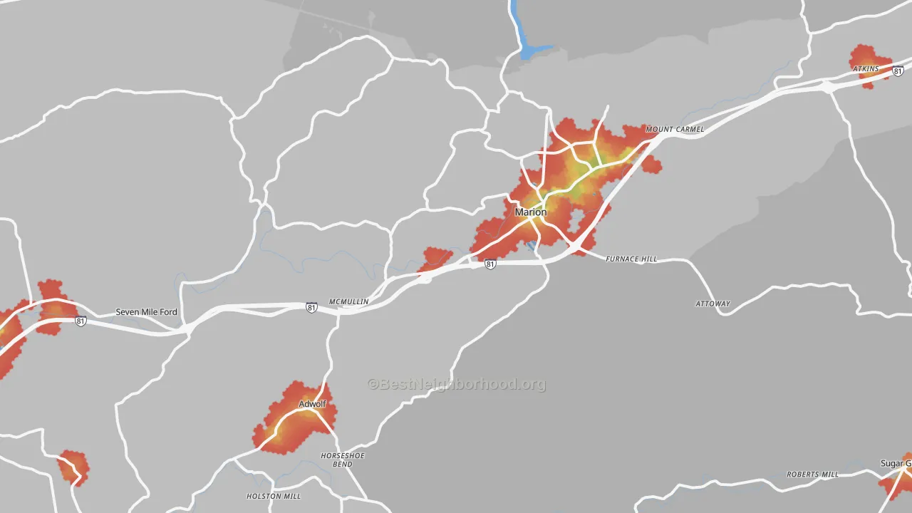 Walk Grade map of 24354, VA, walkable areas in green and car-dependent areas in red