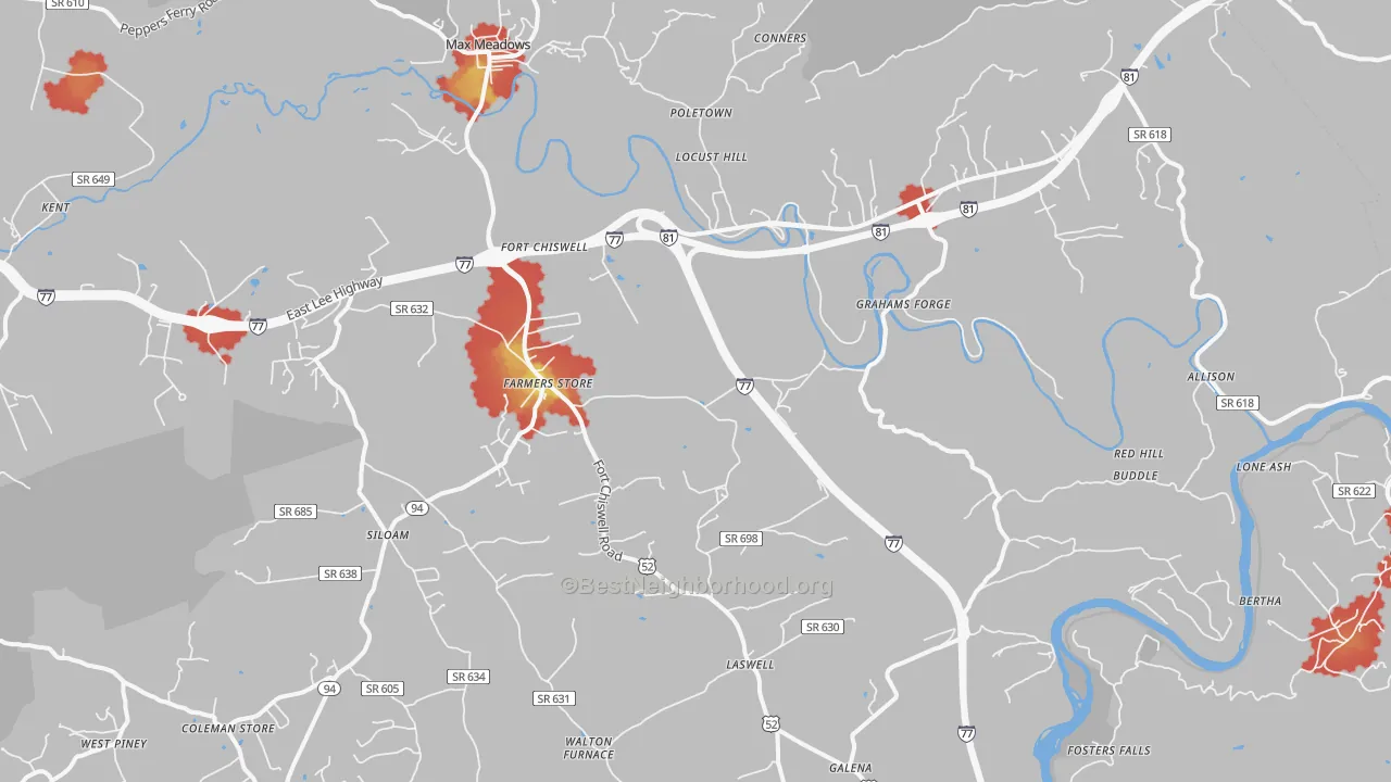 Walk Grade map of 24360, VA, walkable areas in green and car-dependent areas in red