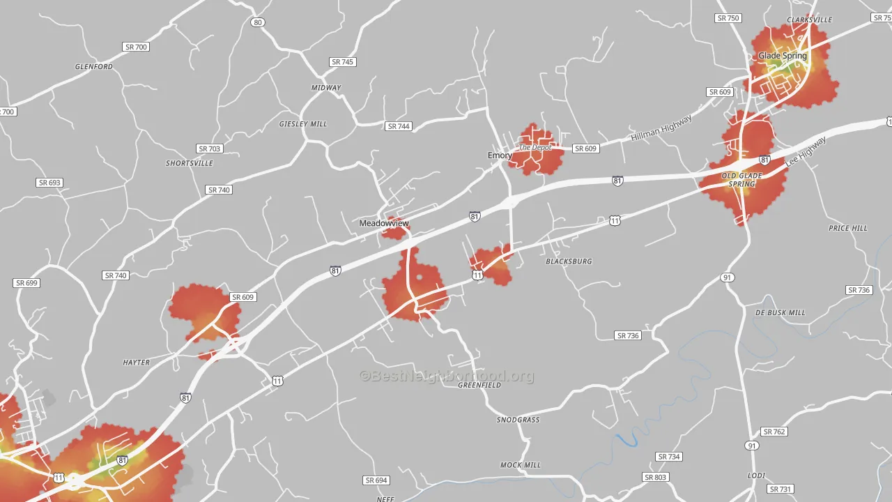 Walk Grade map of 24361, VA, walkable areas in green and car-dependent areas in red