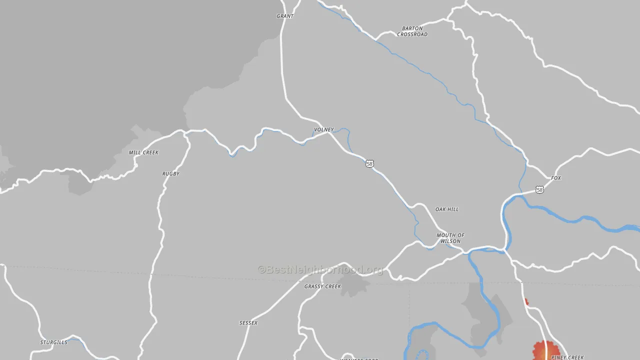 Walk Grade map of 24363, VA, walkable areas in green and car-dependent areas in red