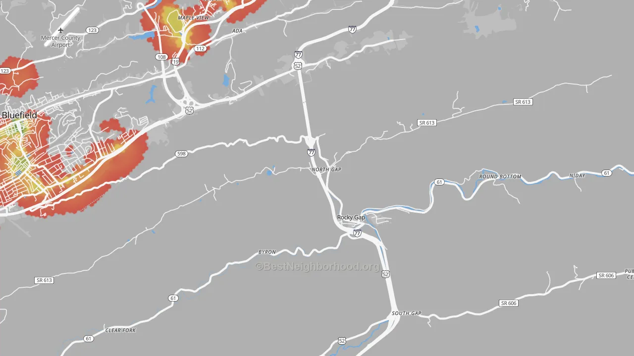 Walk Grade map of 24366, VA, walkable areas in green and car-dependent areas in red