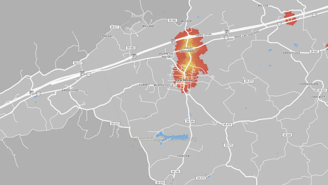 Walk Grade map of 24368, VA, walkable areas in green and car-dependent areas in red