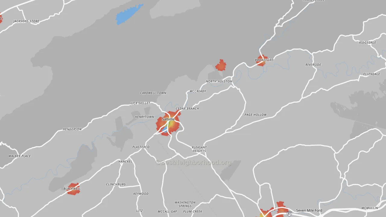 Walk Grade map of 24370, VA, walkable areas in green and car-dependent areas in red