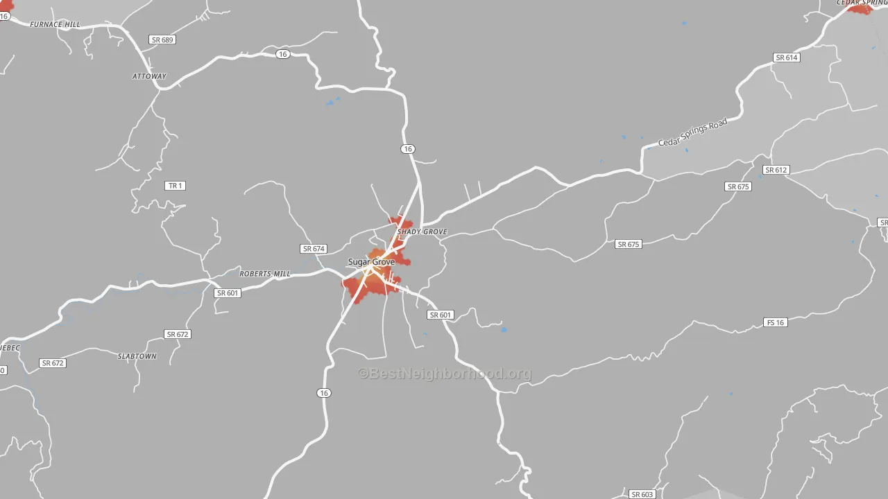 Walk Grade map of 24375, VA, walkable areas in green and car-dependent areas in red