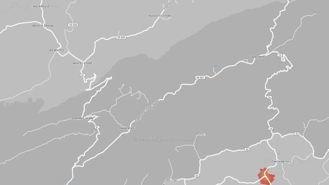 Walk Grade map of 24377, VA, walkable areas in green and car-dependent areas in red