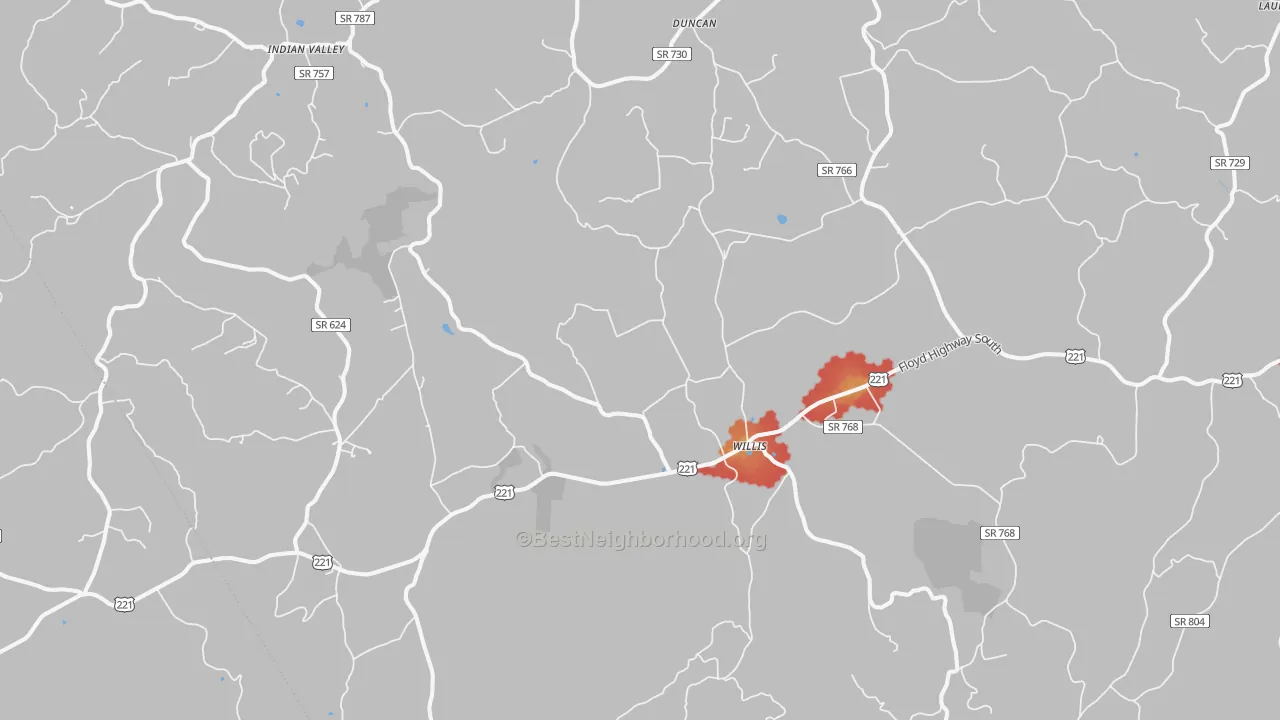 Walk Grade map of 24380, VA, walkable areas in green and car-dependent areas in red