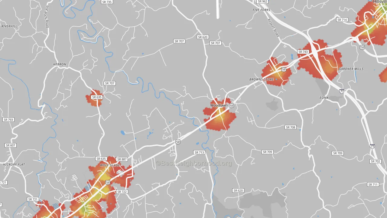Walk Grade map of 24381, VA, walkable areas in green and car-dependent areas in red
