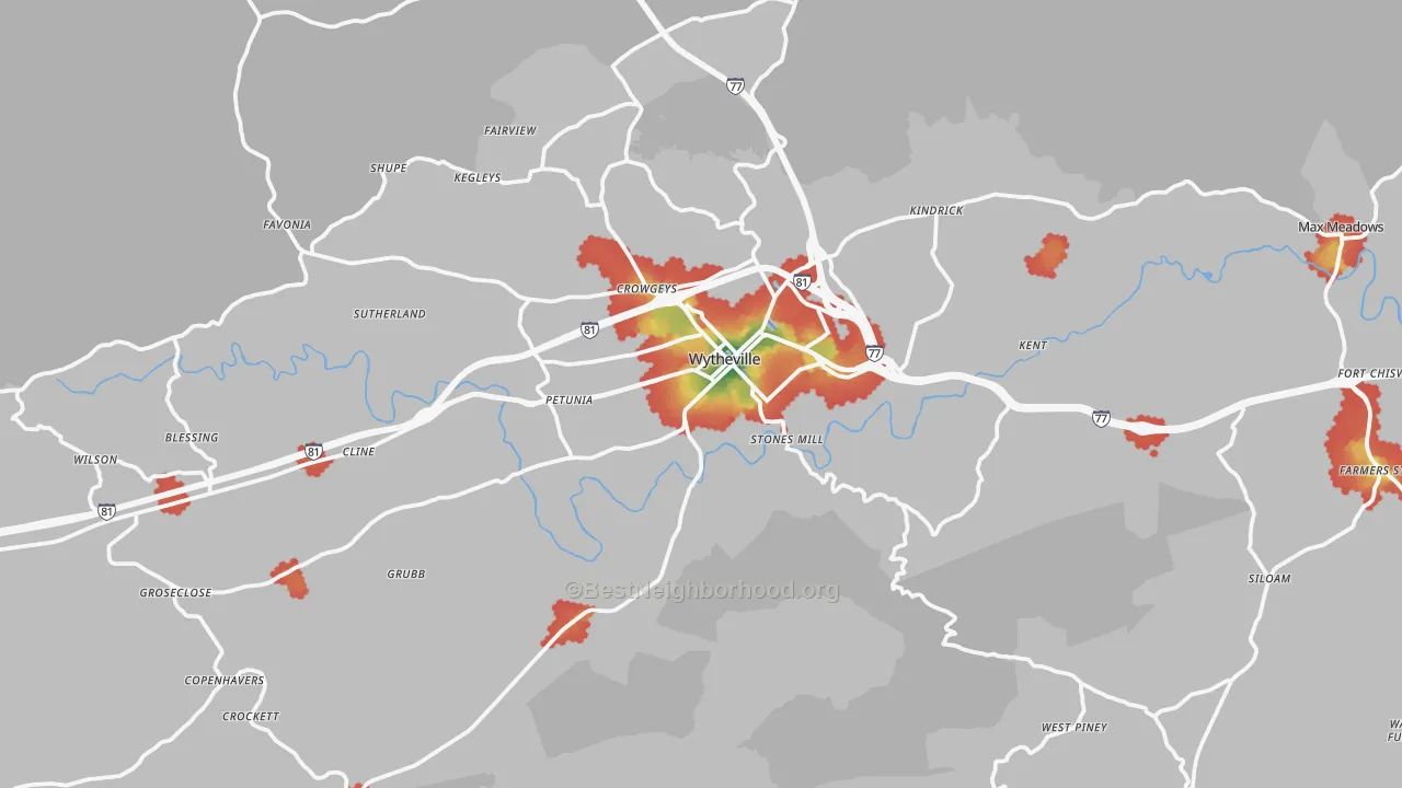 Walk Grade map of 24382, VA, walkable areas in green and car-dependent areas in red