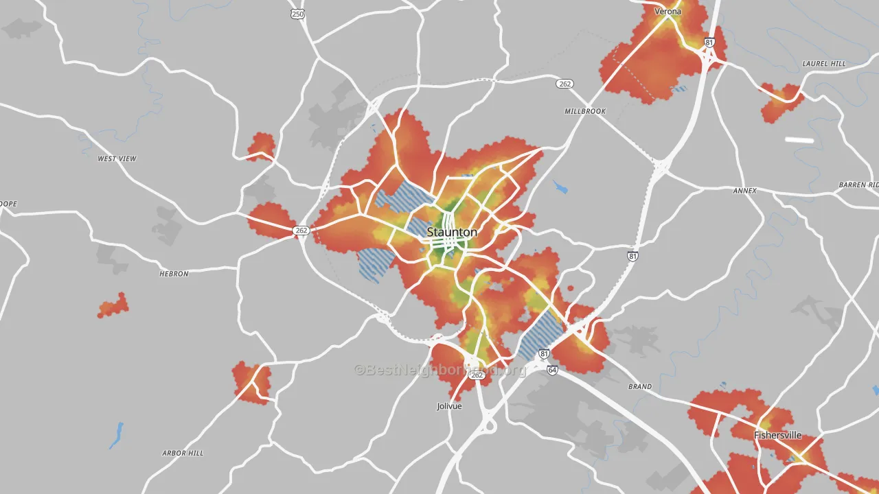 Walk Grade map of 24401, VA, walkable areas in green and car-dependent areas in red