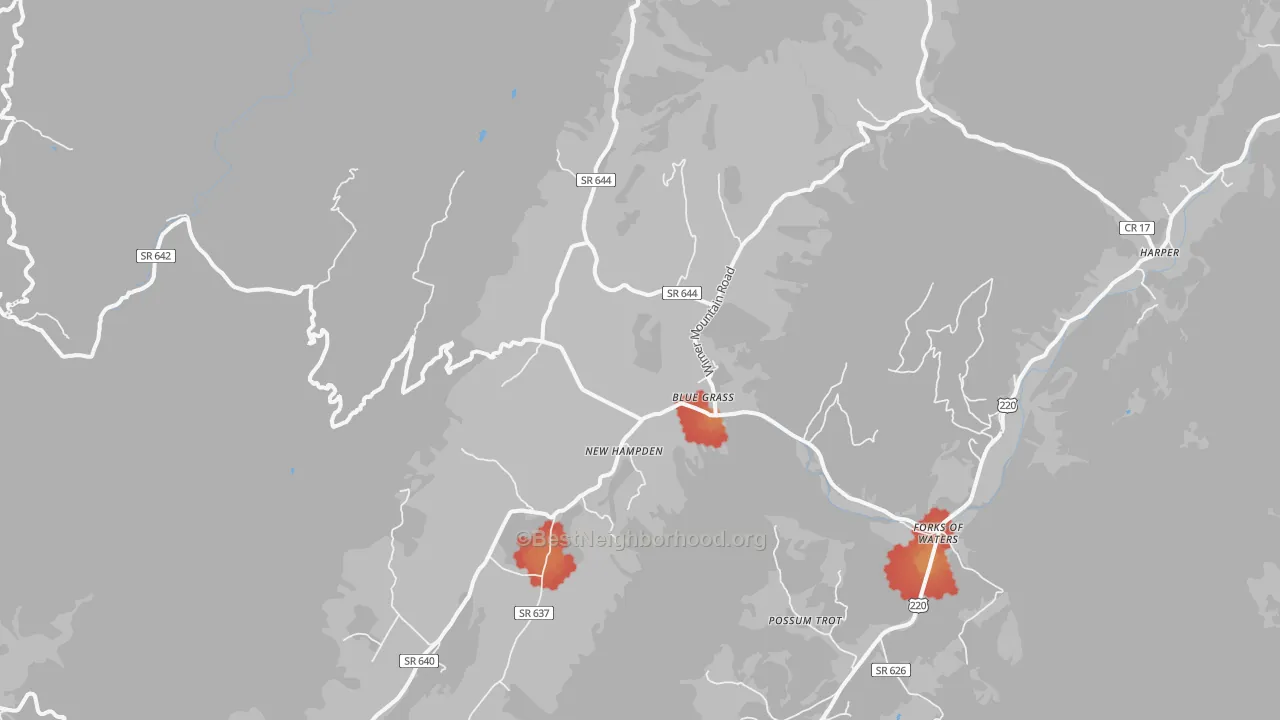 Walk Grade map of 24413, VA, walkable areas in green and car-dependent areas in red