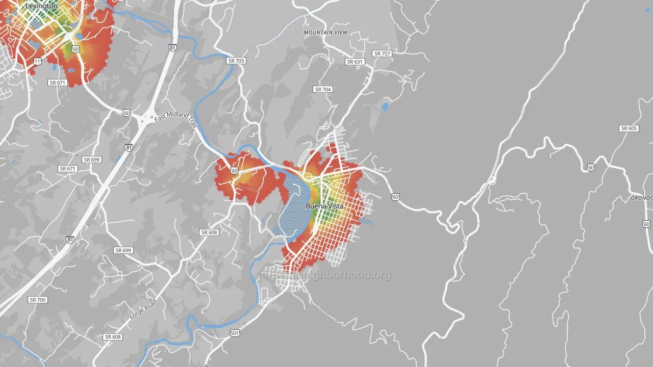 Walk Grade map of 24416, VA, walkable areas in green and car-dependent areas in red